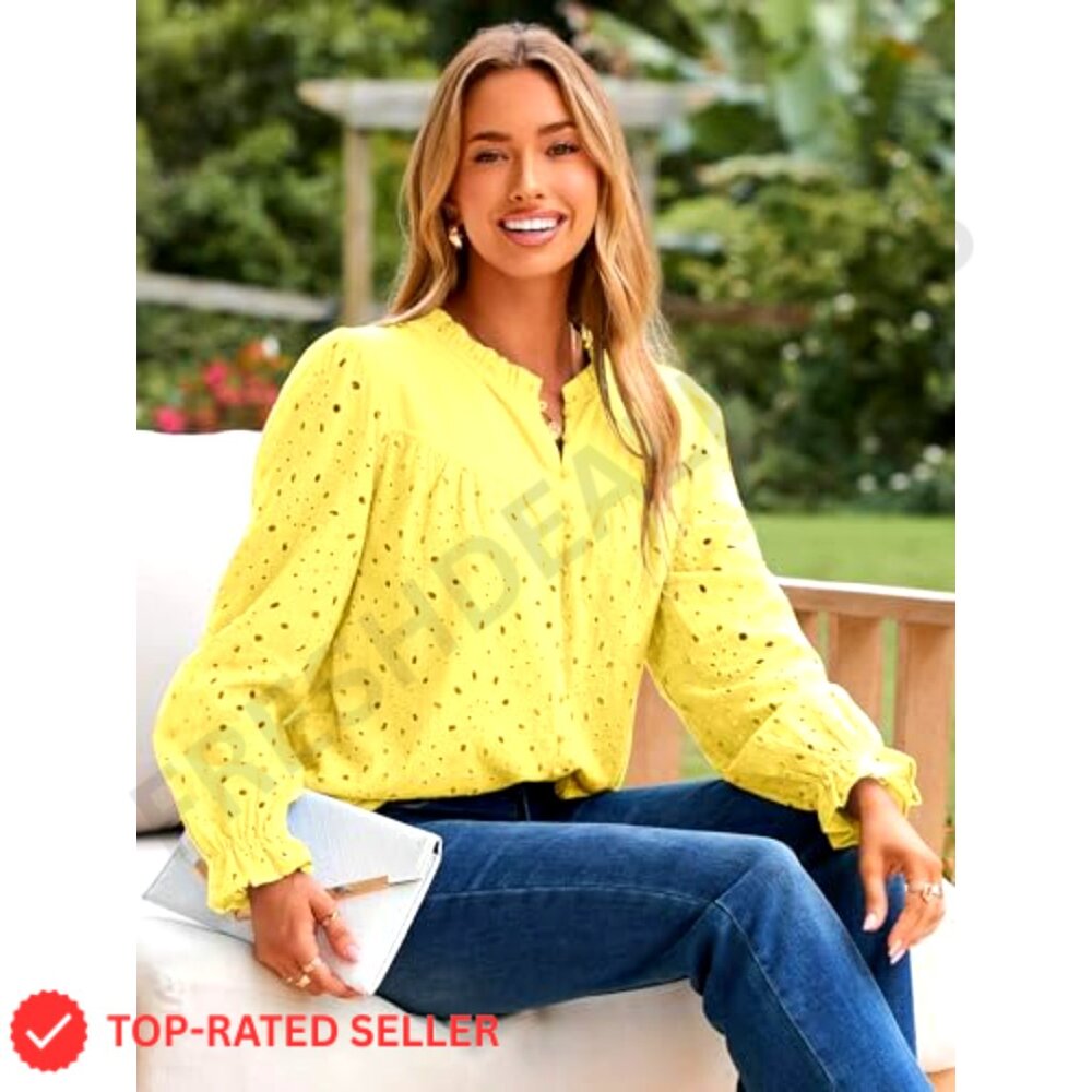 Eyelet Embroidered Puff Sleeve Blouse Boho Chic Lace Button Down Shirt - Picture 3 of 7